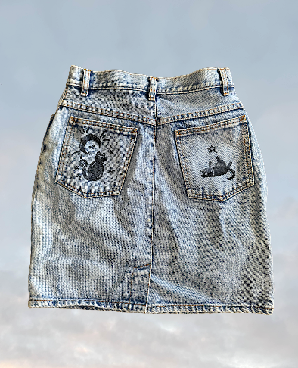 Kitty Cat Hand Block Printed Denim Skirt