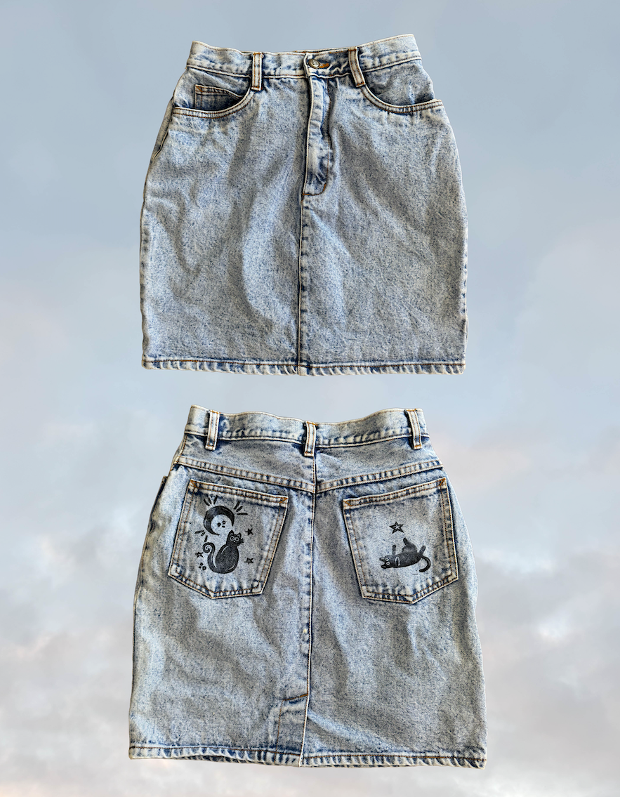 Kitty Cat Hand Block Printed Denim Skirt